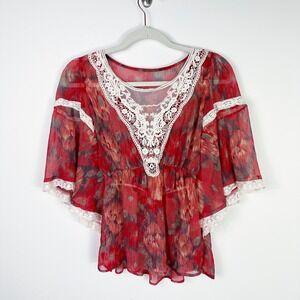 Free People Daydreamer Top Ikat Batwing Sheer Boho Artsy‎ Chiffon Romantic Sz XS